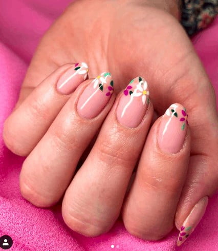 pink nude nails with flower on the tip 