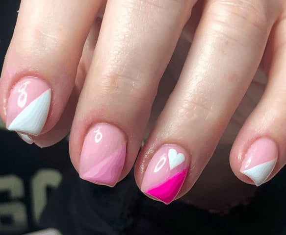 square cut nails with pink colors and white heart