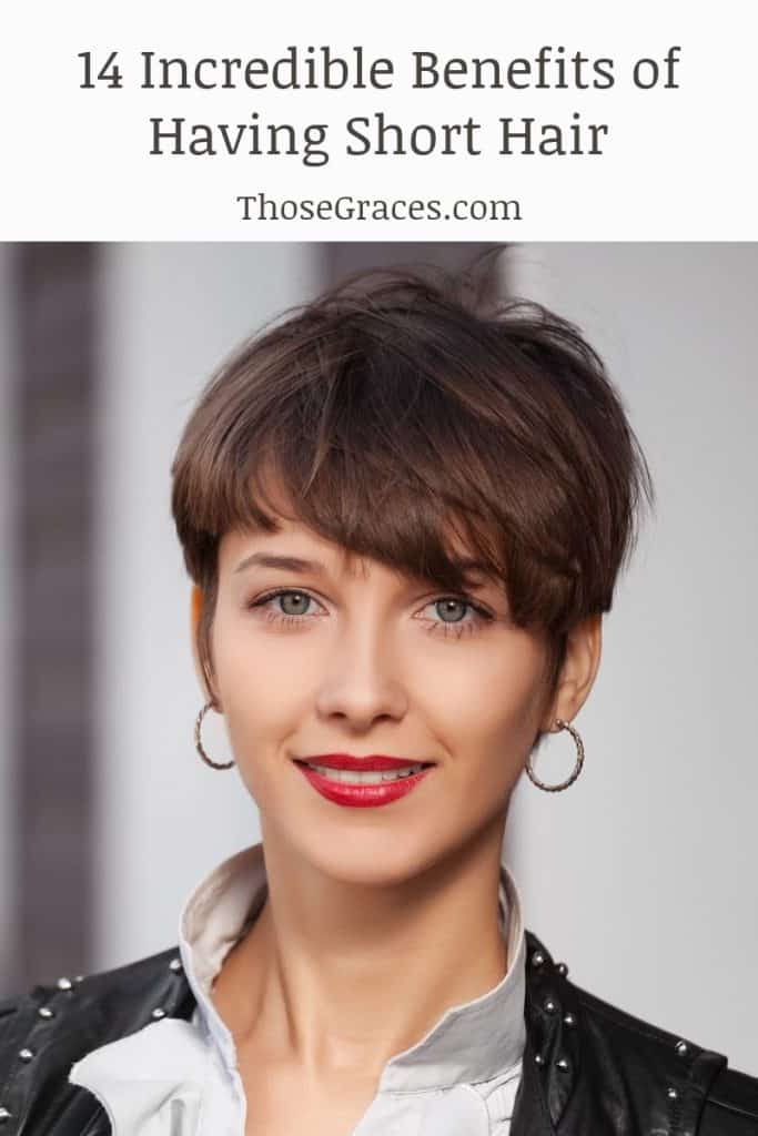 Woman with short hair and red lipstick smiling at the camera with text "benefits of having short hair"