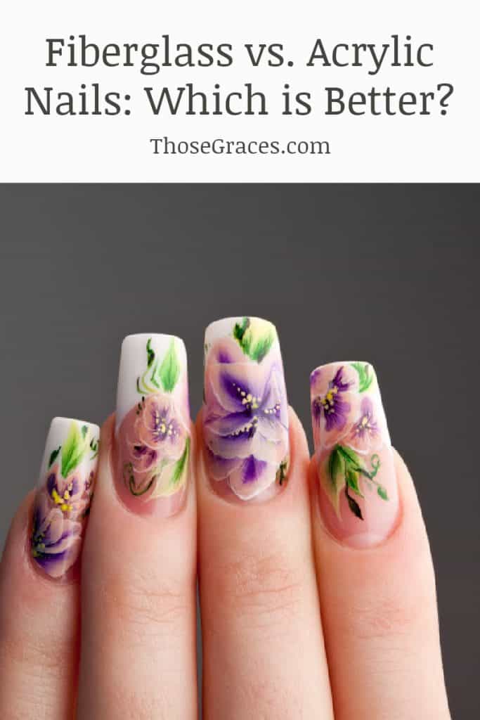 Fiberglass nail art with purple flowers and green leaves. 