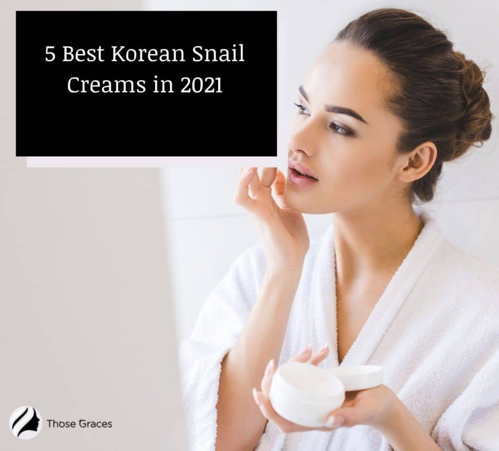 a pretty lady in robe putting a Korean snail cream on her face