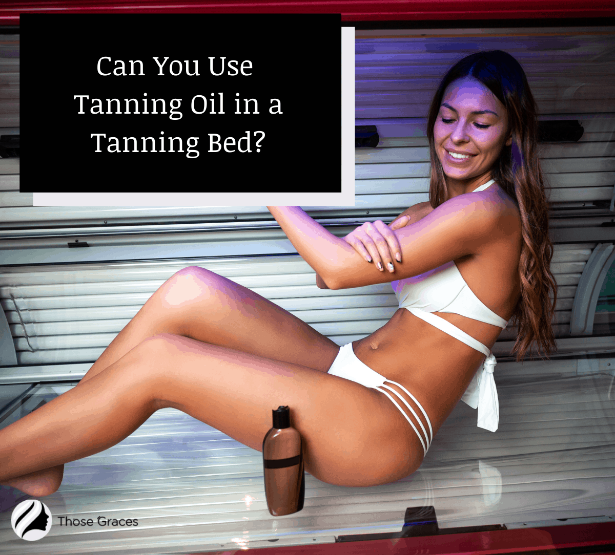 a slim lady putting tanning oil before her tanning bed session