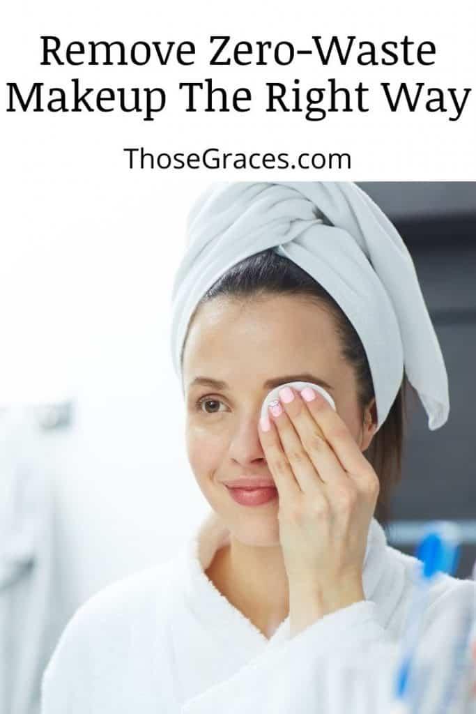 lady in a robe practicing how to remove zero-waste makeup in front of the mirror