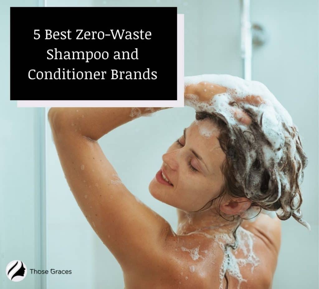 woman showering using her zero waste shampoo and conditioner