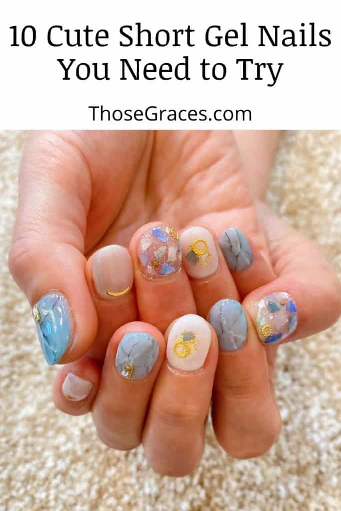 cute short gel nails with pastel white and blue designs