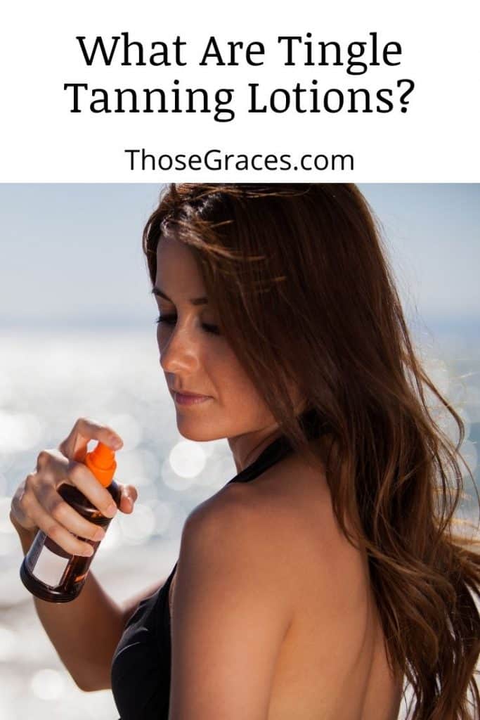 a lady applying tingle tanning lotion to her shoulders