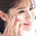 Korean girl demonstrating how to apply moisturizer on face