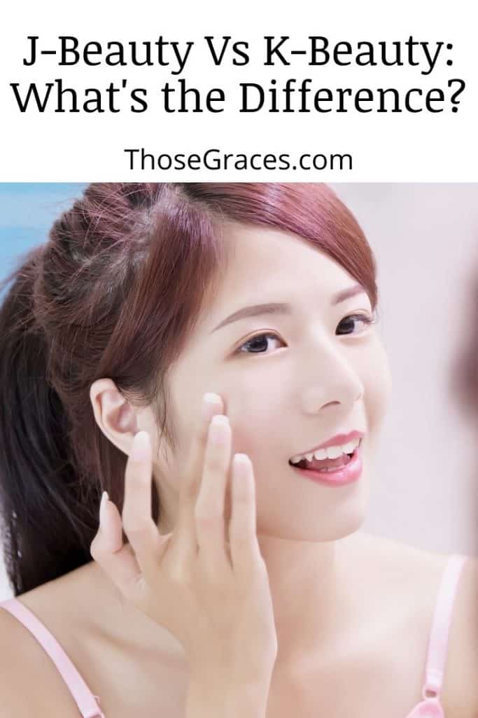 Japanese woman applying cream with text, J-beauty vs k-beauty 