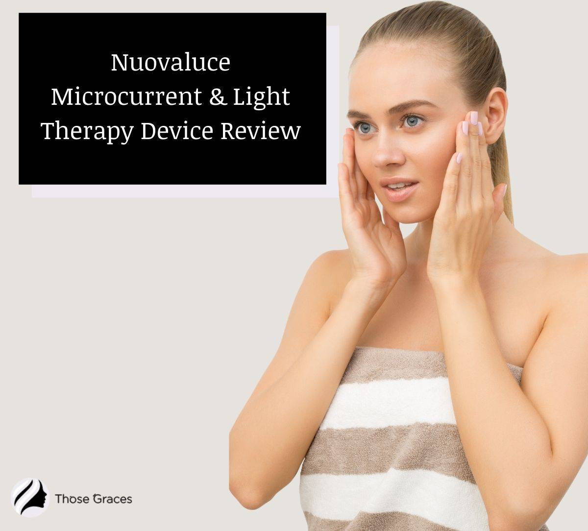 lady holding her face using nuovaluce microcurrent & light therapy device