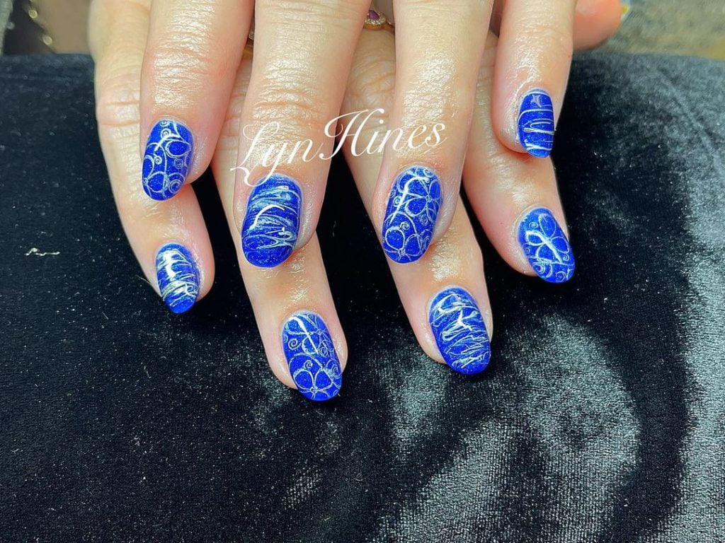 silver stamping Short Blue Gel Nails