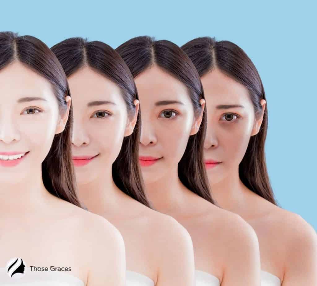 Asian lady in different color skin tones under title Korean Skin Whitening Before and After 