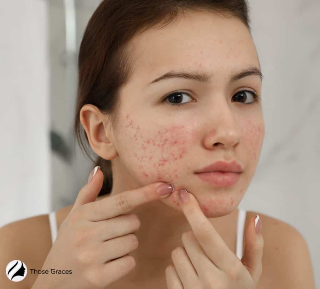 woman checking her pimples and looking at the mirror