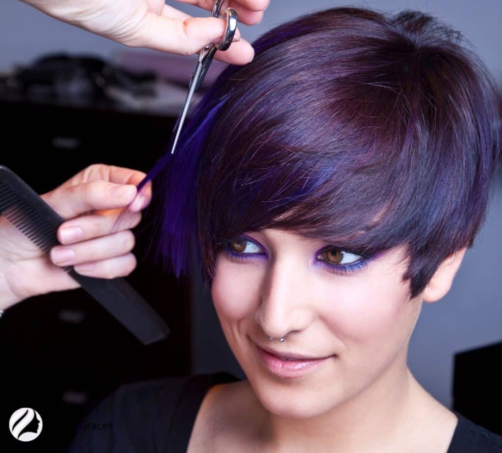 lady getting purple pixie haircut for fine hair