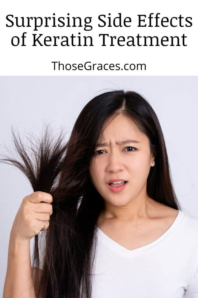 lady holding her hair suprised about the side effects of keratin treatment