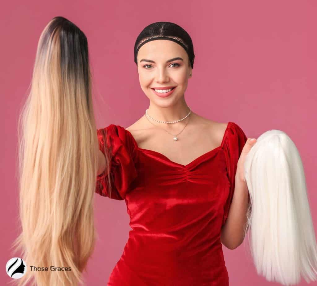 woman holding 2 different wigs